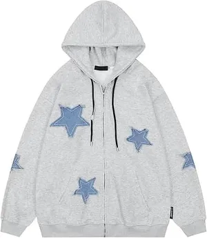 Sunwittafy Y2k Hoodie Men Women Star Zip Up Hoodie Letter Print Harajuku Oversized Sweatshirt Grunge Jacket Streetwear