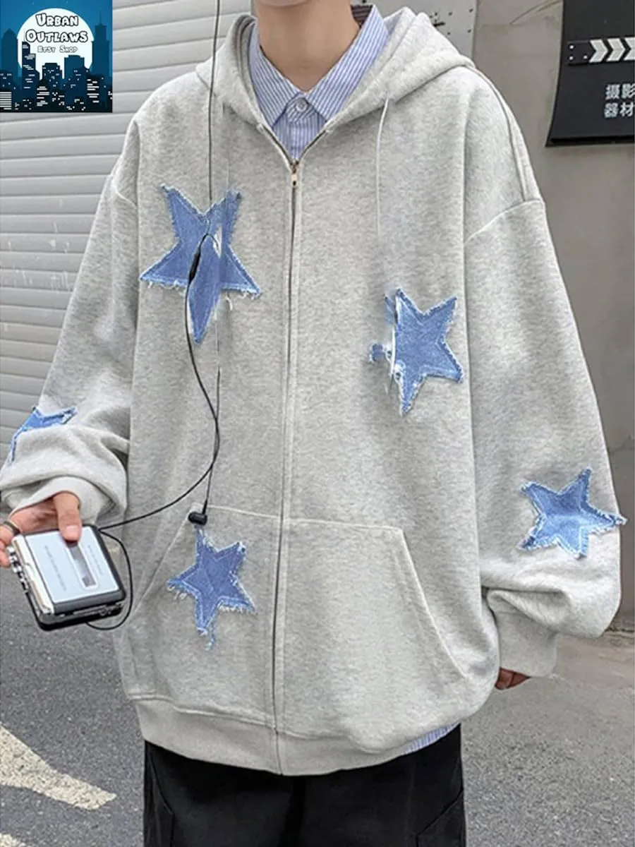 Sunwittafy Y2k Hoodie Men Women Star Zip Up Hoodie Letter Print Harajuku Oversized Sweatshirt Grunge Jacket Streetwear