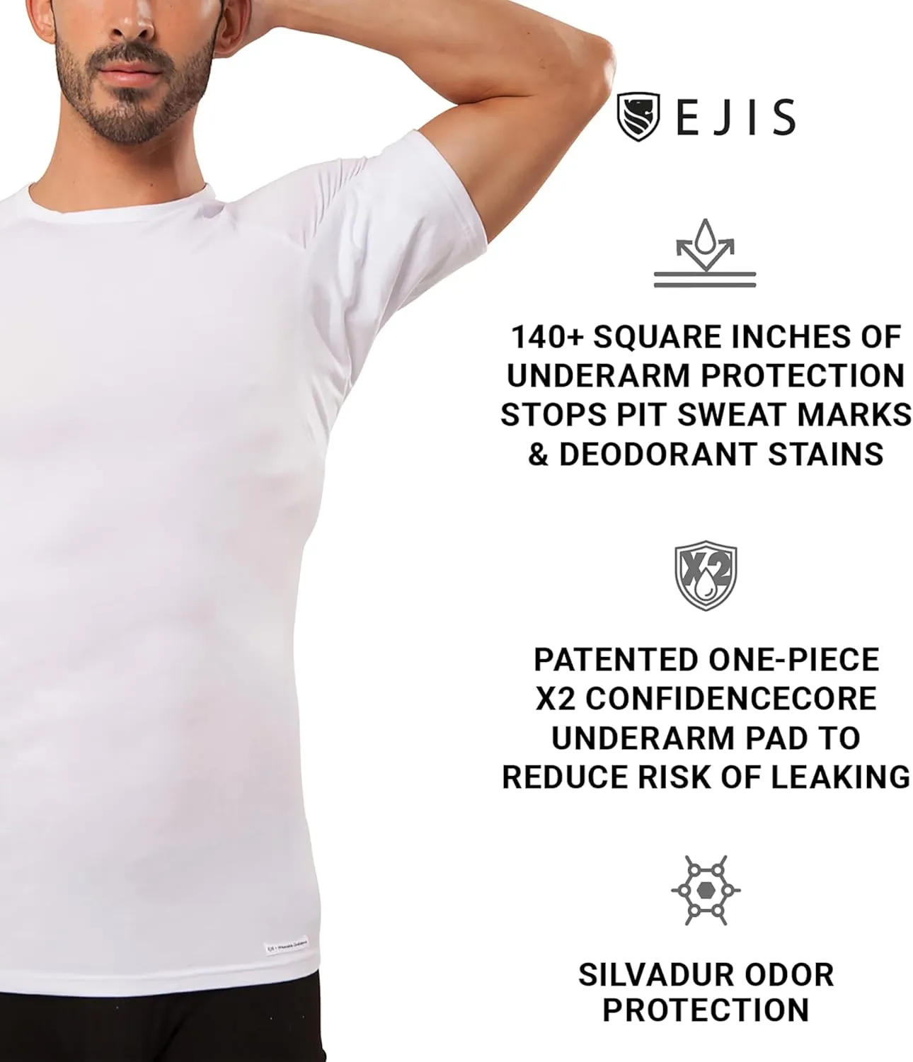 Sweatproof Undershirt Mens Modal Crew w Sweat Pads, Silver Treated to Fight Embarrassing Odor Aluminum Free Alternative 3pk