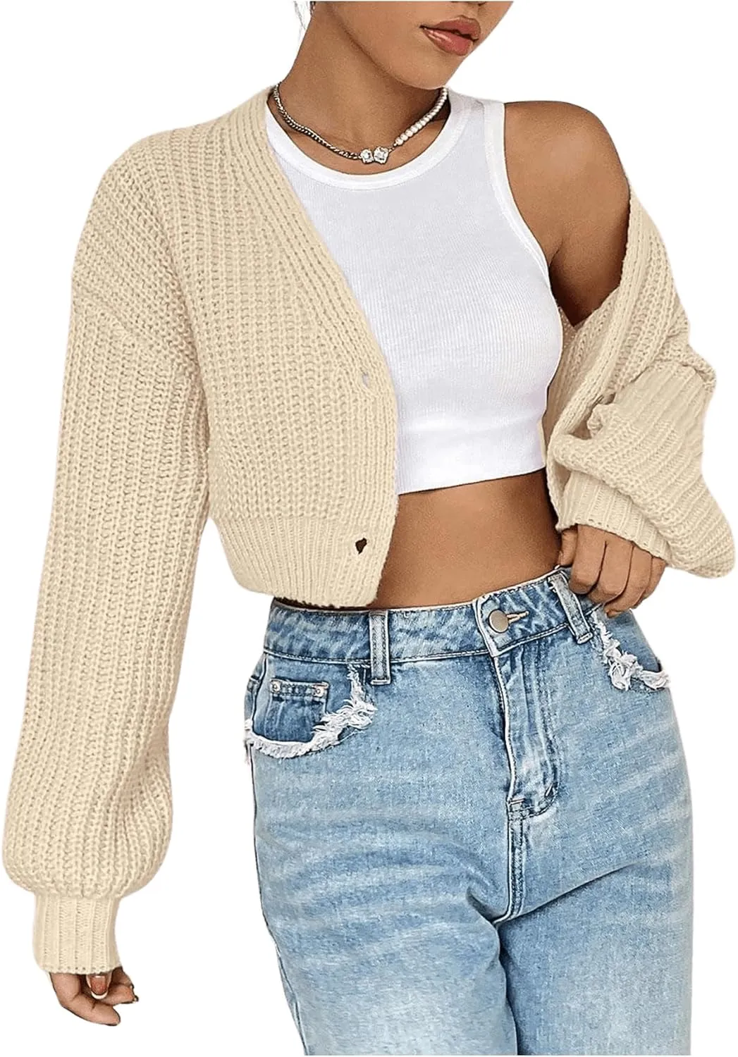 SweatyRocks Women's V Neck Cropped Cardigan Button Up Lantern Long Sleeve Sweater Outwear