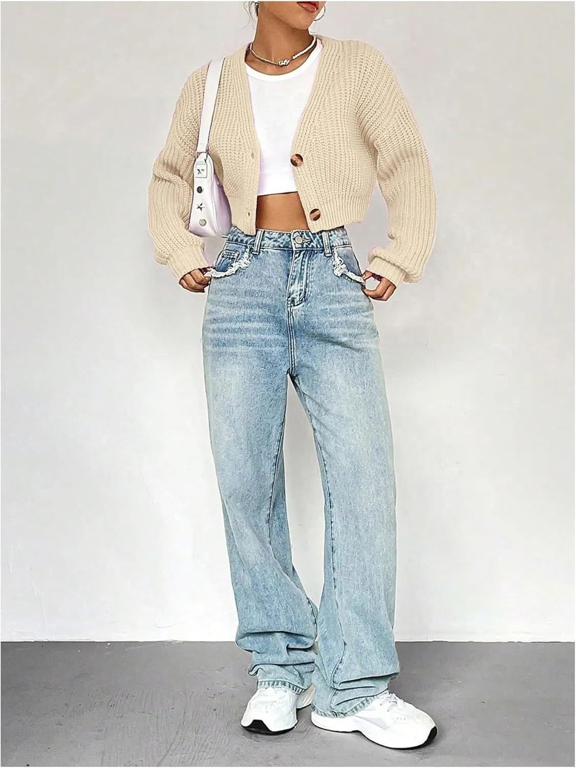 SweatyRocks Women's V Neck Cropped Cardigan Button Up Lantern Long Sleeve Sweater Outwear