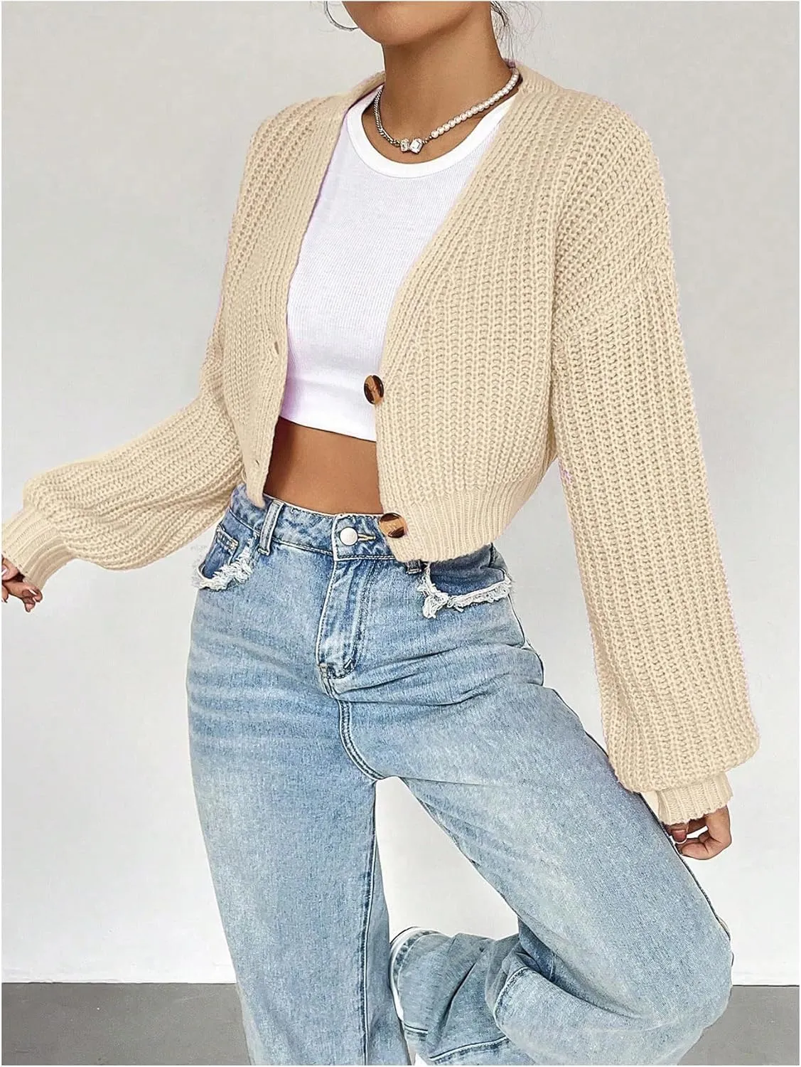 SweatyRocks Women's V Neck Cropped Cardigan Button Up Lantern Long Sleeve Sweater Outwear