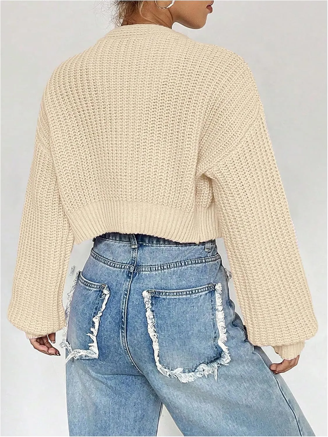 SweatyRocks Women's V Neck Cropped Cardigan Button Up Lantern Long Sleeve Sweater Outwear