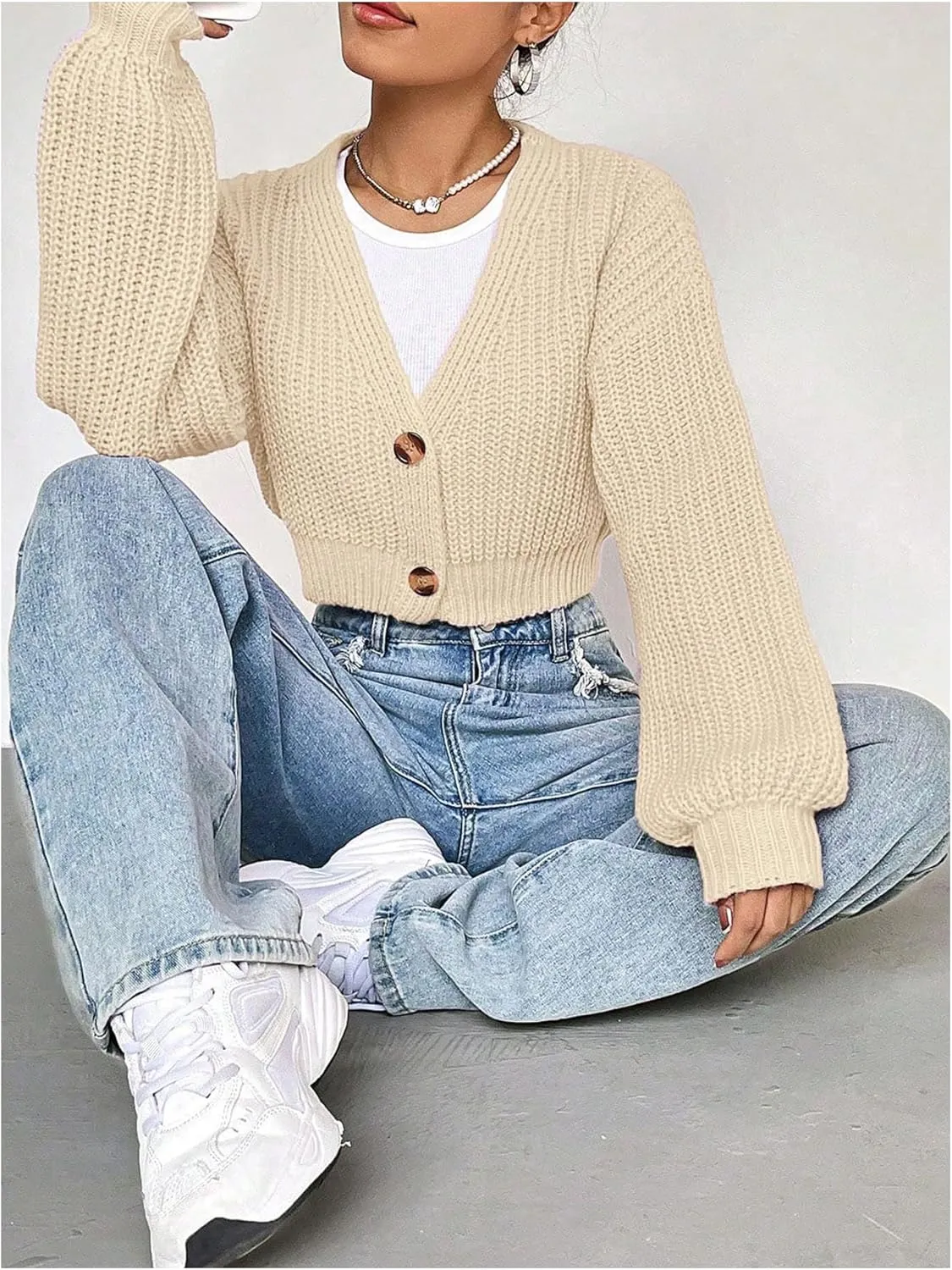 SweatyRocks Women's V Neck Cropped Cardigan Button Up Lantern Long Sleeve Sweater Outwear
