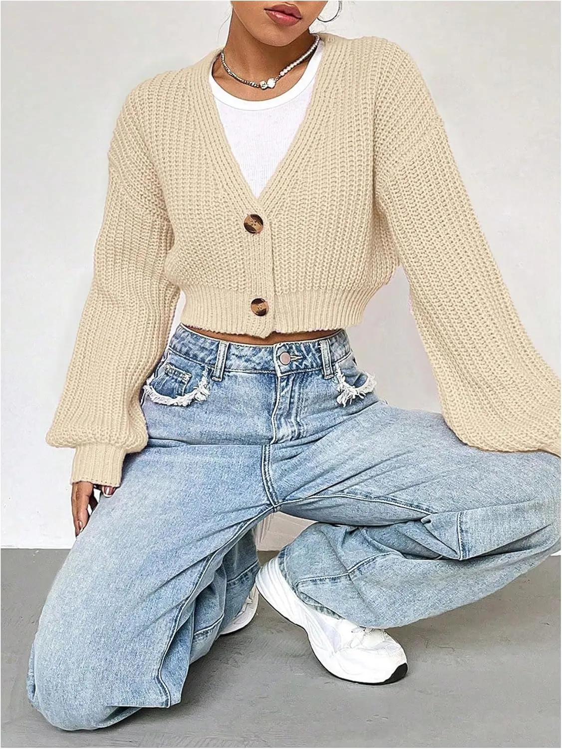 SweatyRocks Women's V Neck Cropped Cardigan Button Up Lantern Long Sleeve Sweater Outwear