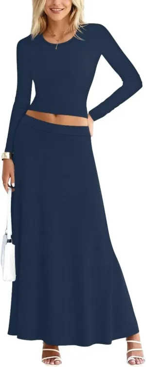 Sweet Hearts 2 Piece Sets for Women- Casual Modal Maxi Skirt Long Sleeve Crop Tops Womens 2 Piece Outfits Fall Made in USA