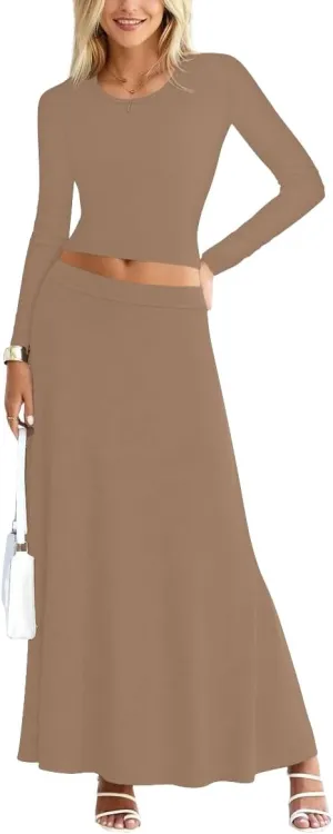Sweet Hearts 2 Piece Sets for Women- Casual Modal Maxi Skirt Long Sleeve Crop Tops Womens 2 Piece Outfits Fall Made in USA