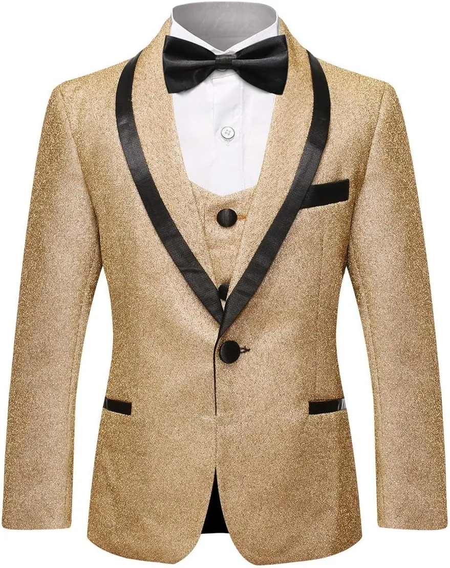 SWOTGdoby Boys Gold Tuxedo Suit Shiny Festive Dress 3 Pieces Blazer Pants Vest for Wedding