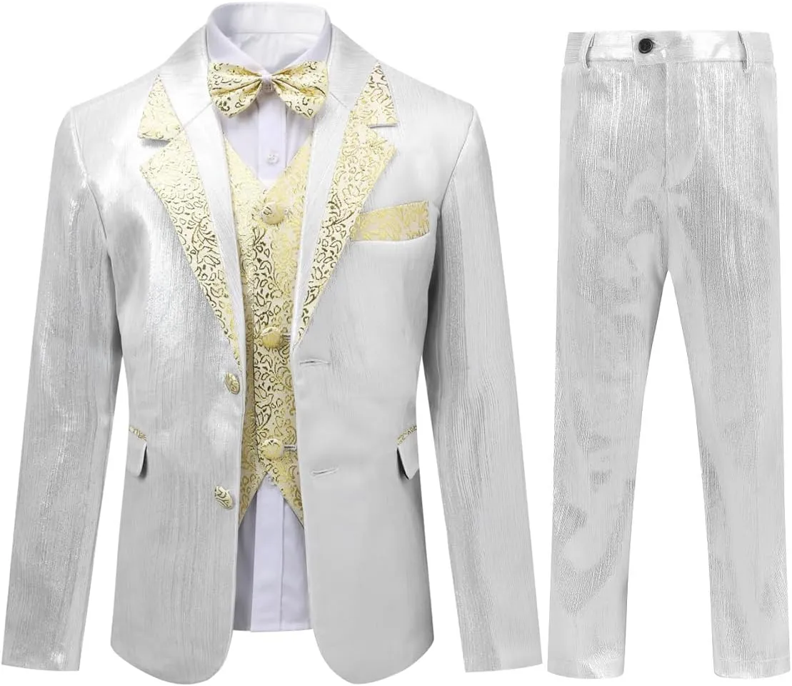 SWOTGdoby Boys Slim Fit Suits 4 Pieces Blazer Vest Pants Bowtie Jacket with Gold Rims for Wedding Party Prom