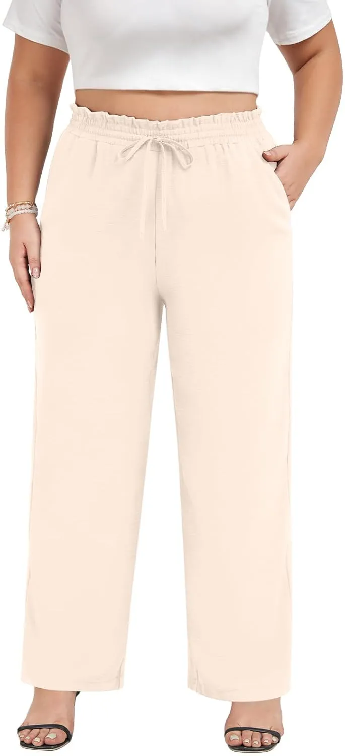 syoss Women's Plus Size Pants High Waist Adjustable Knot Lounge Pants Straight Long Trousers with Pockets