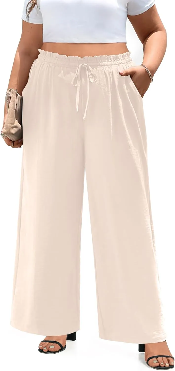 syoss Women's Plus Size Pants High Waist Adjustable Knot Lounge Pants Straight Long Trousers with Pockets