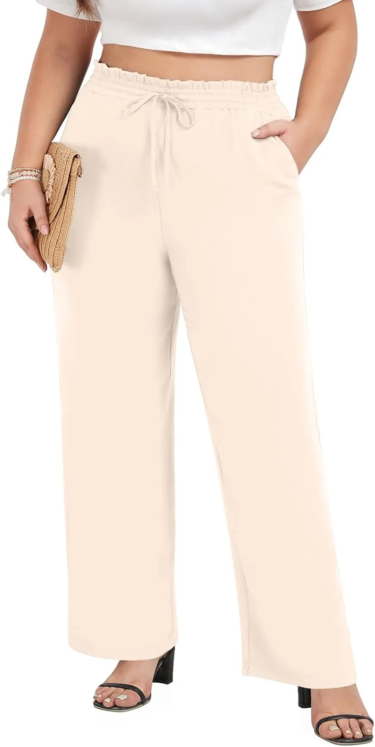 syoss Women's Plus Size Pants High Waist Adjustable Knot Lounge Pants Straight Long Trousers with Pockets