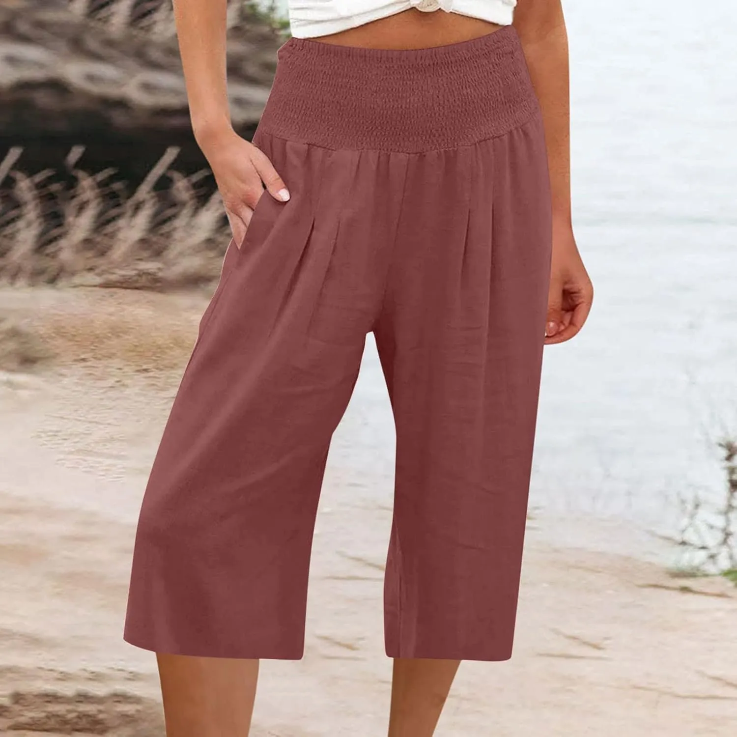 TANGNADE Cotton Linen Pants Women Plus Size Wide Leg Capri 2025 Vacation Summer Capris Lightweight Dressy Outfits