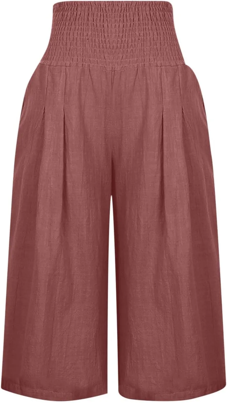 TANGNADE Cotton Linen Pants Women Plus Size Wide Leg Capri 2025 Vacation Summer Capris Lightweight Dressy Outfits