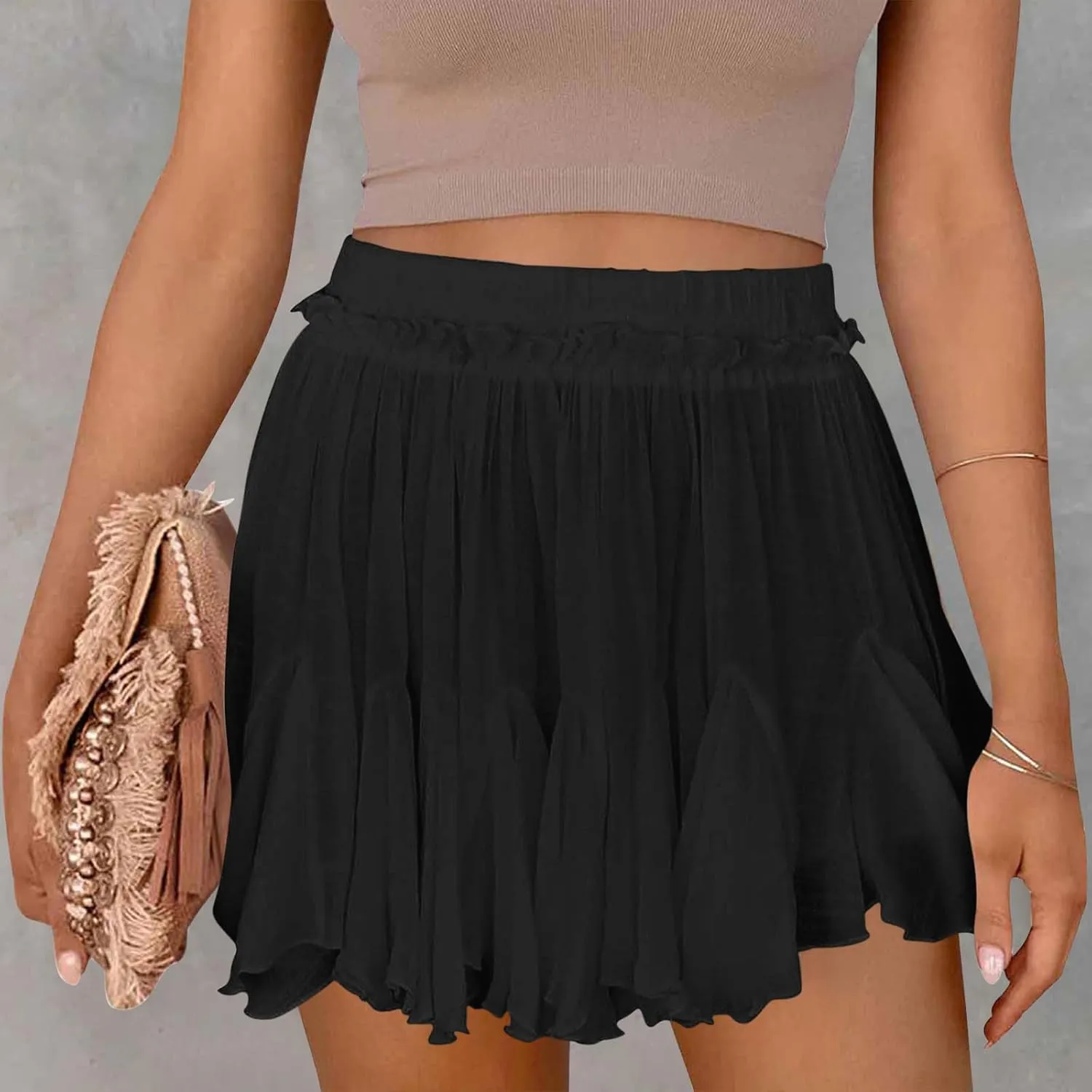 TANGNADE Women Flowy Skirt Summer Dressy Casual Boho Ruffle Mini Skirts Pleated High Waist Cute Skorts Trendy Clothes