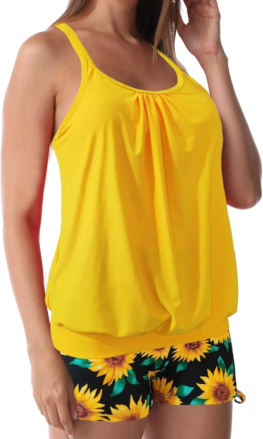 Tankini Bathing Suits for Women Two Piece Swimsuit Modest Swimwear with Shorts High Waisted Drawstring Swimming Suit