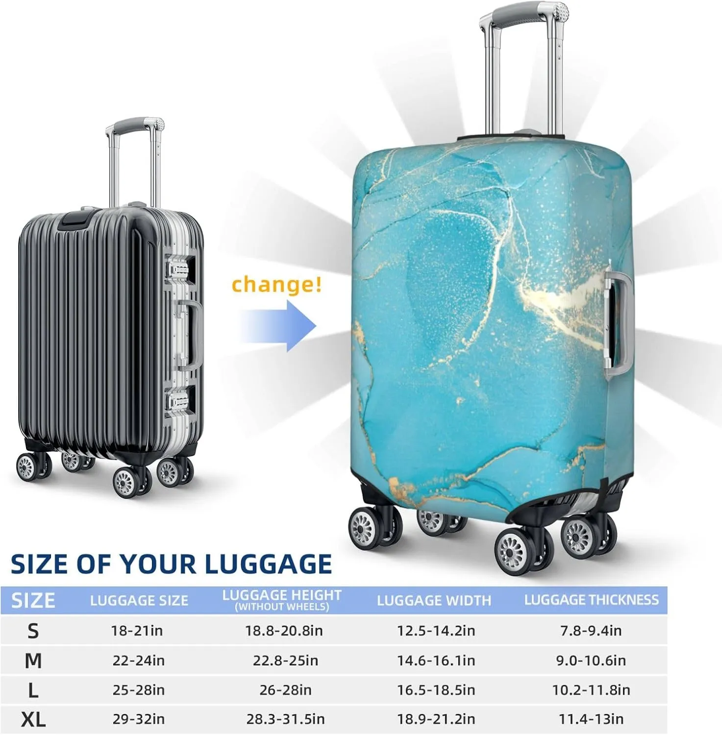 Teal Turquoise Marble Luggage Suitcase Covers Elastic Washable Luggage Protector Travel Suitcase Protective Cover For Kid And Adult, L (Fit 25-28 Inch Luggage)