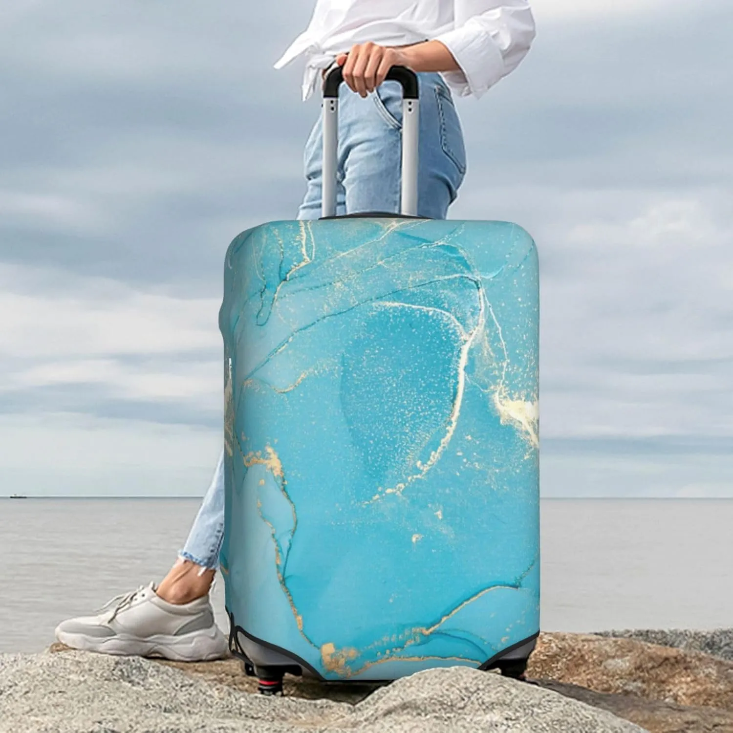 Teal Turquoise Marble Luggage Suitcase Covers Elastic Washable Luggage Protector Travel Suitcase Protective Cover For Kid And Adult, L (Fit 25-28 Inch Luggage)