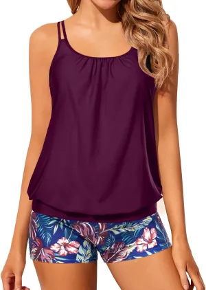 Tempt Me Women Two Piece Tankini Swimsuits Blouson Modest Swim Top Boyshort Bathing Suits