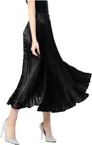 TONCHENGSD Women's Satin Metallic Pleated Accordion Long Maxi Skirt