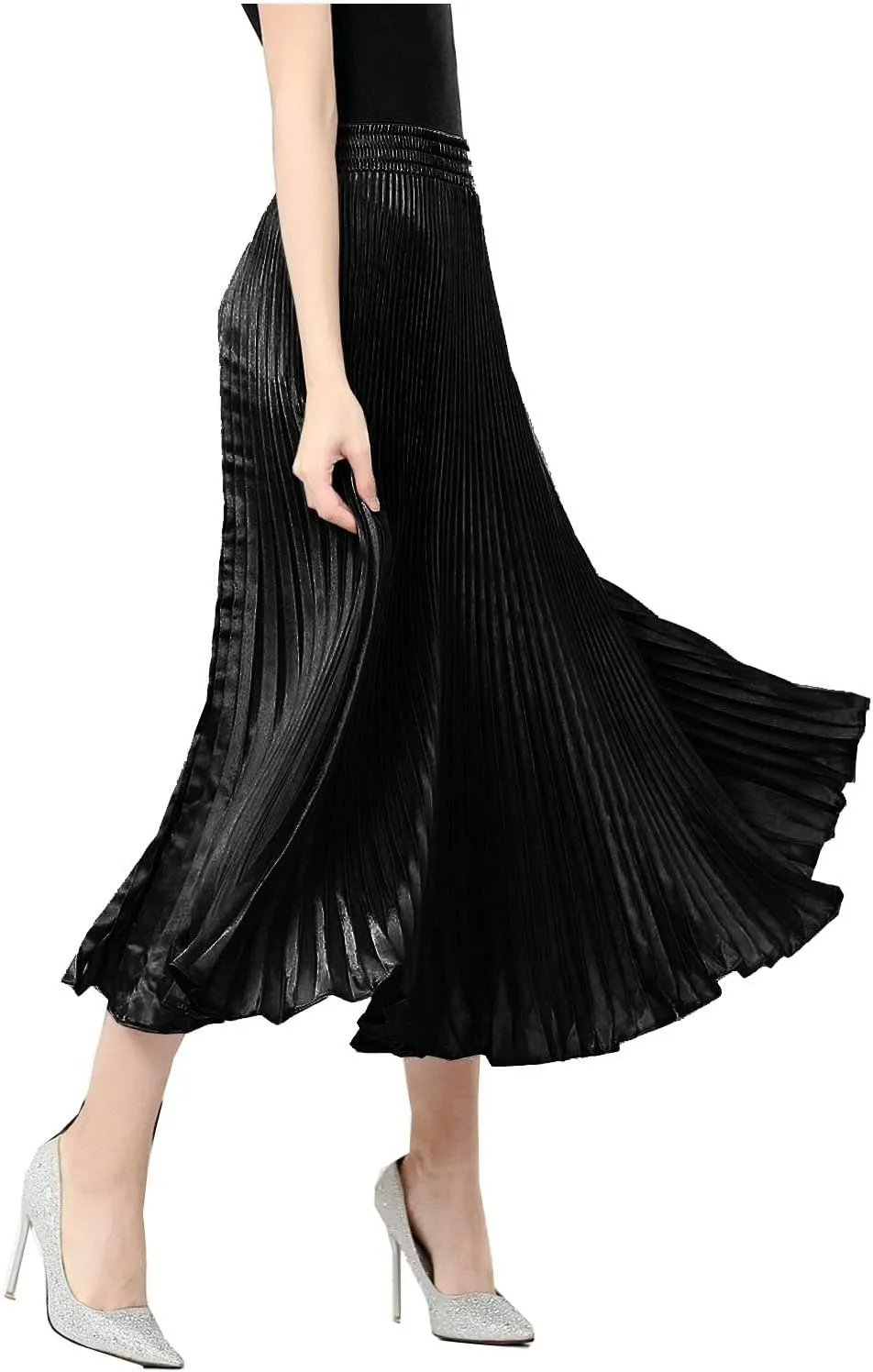 TONCHENGSD Women's Satin Metallic Pleated Accordion Long Maxi Skirt