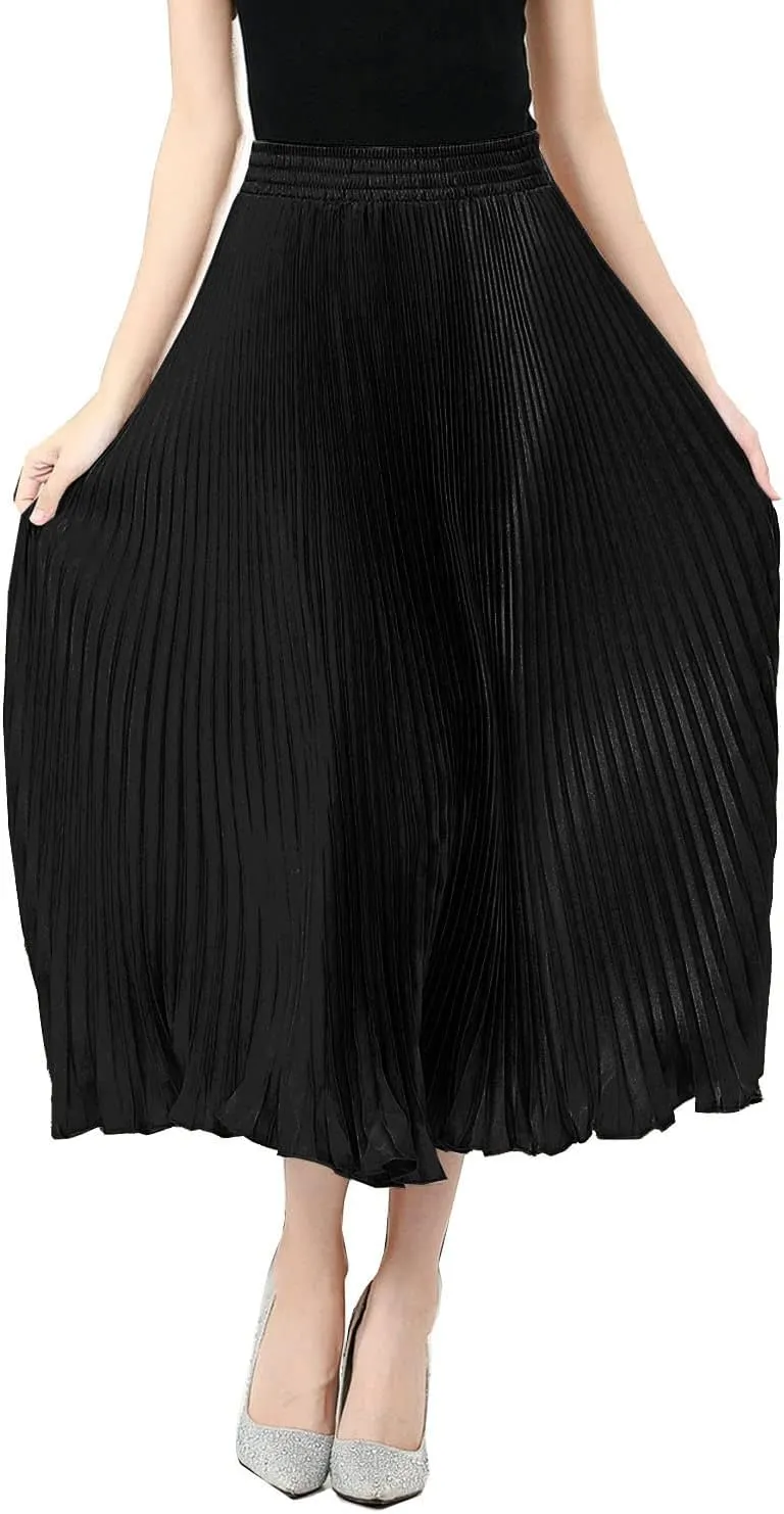 TONCHENGSD Women's Satin Metallic Pleated Accordion Long Maxi Skirt