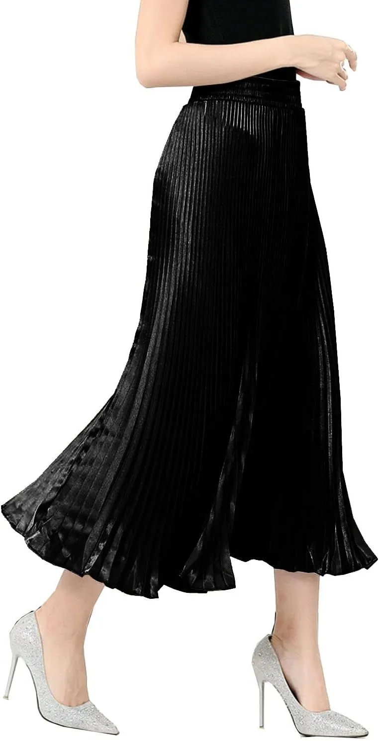 TONCHENGSD Women's Satin Metallic Pleated Accordion Long Maxi Skirt