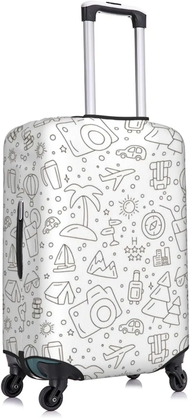 Travel Icons Doodle Travel Luggage Cover Fits 18/24/28/32 Inch Luggage, Elastic Suitcase Cover Protector with Concealed Zipper for Wheeled Suitcase Tsa Approved