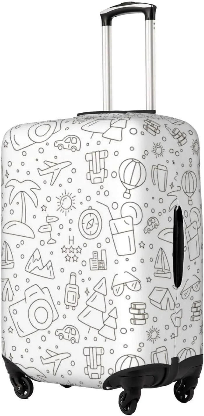 Travel Icons Doodle Travel Luggage Cover Fits 18/24/28/32 Inch Luggage, Elastic Suitcase Cover Protector with Concealed Zipper for Wheeled Suitcase Tsa Approved