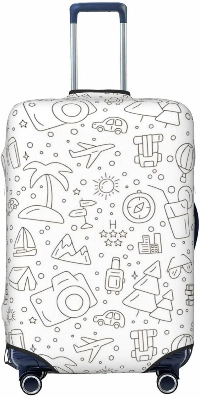 Travel Icons Doodle Travel Luggage Cover Fits 18/24/28/32 Inch Luggage, Elastic Suitcase Cover Protector with Concealed Zipper for Wheeled Suitcase Tsa Approved