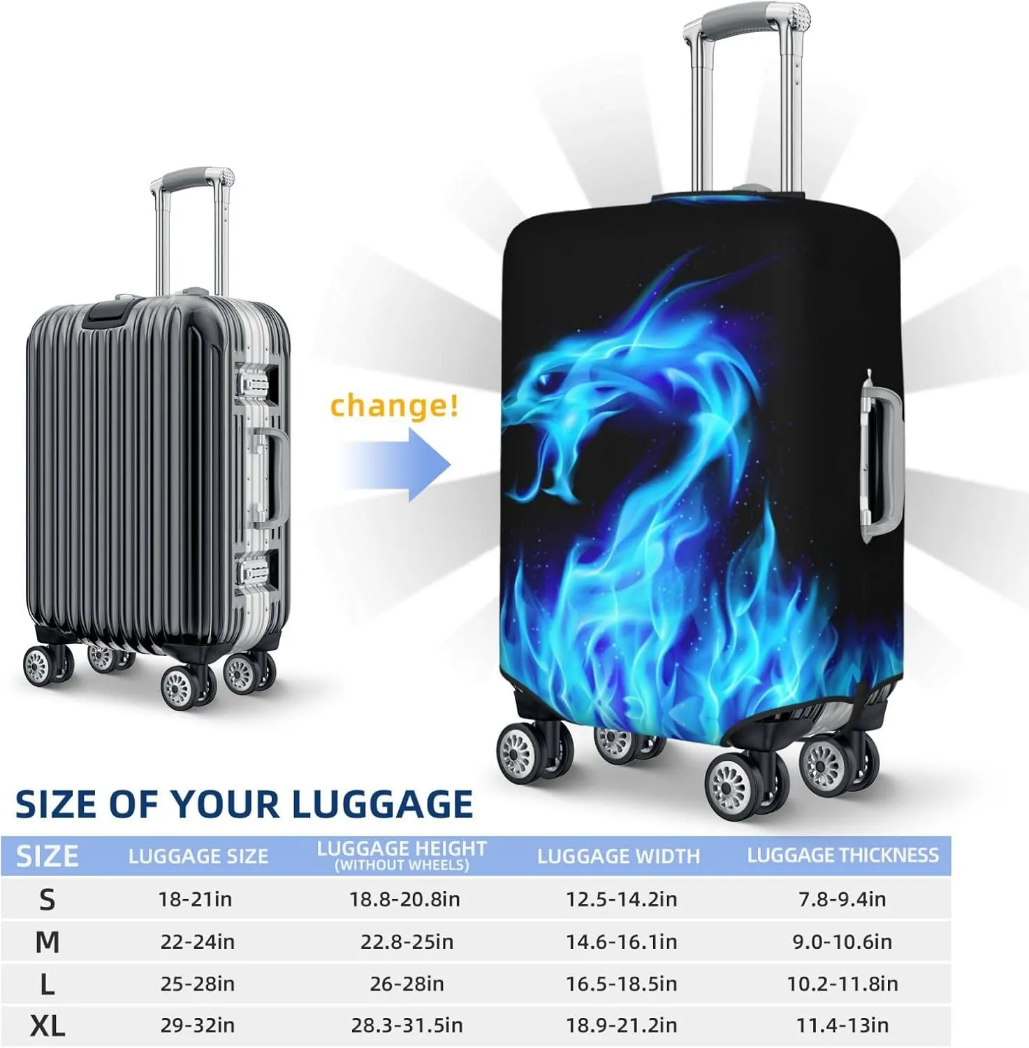 Travel Luggage Cover Abstract Blue Fiery Red Dragon Anti-Scratch Washable Suitcase Protector Elastic Suitcases Stylish Baggage Cover Wheeled Suitcase Kids Adults Keep Clean X-Large