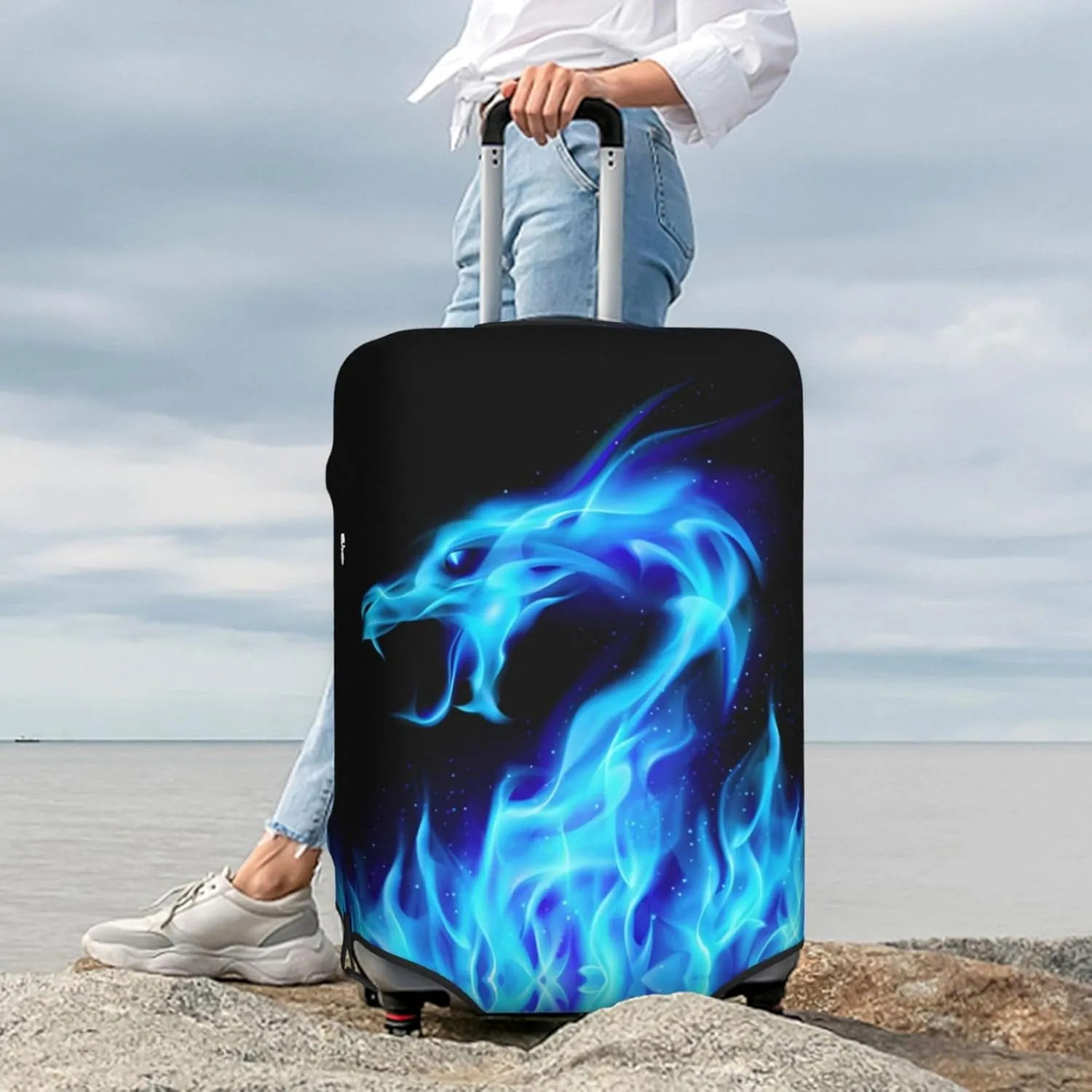 Travel Luggage Cover Abstract Blue Fiery Red Dragon Anti-Scratch Washable Suitcase Protector Elastic Suitcases Stylish Baggage Cover Wheeled Suitcase Kids Adults Keep Clean X-Large