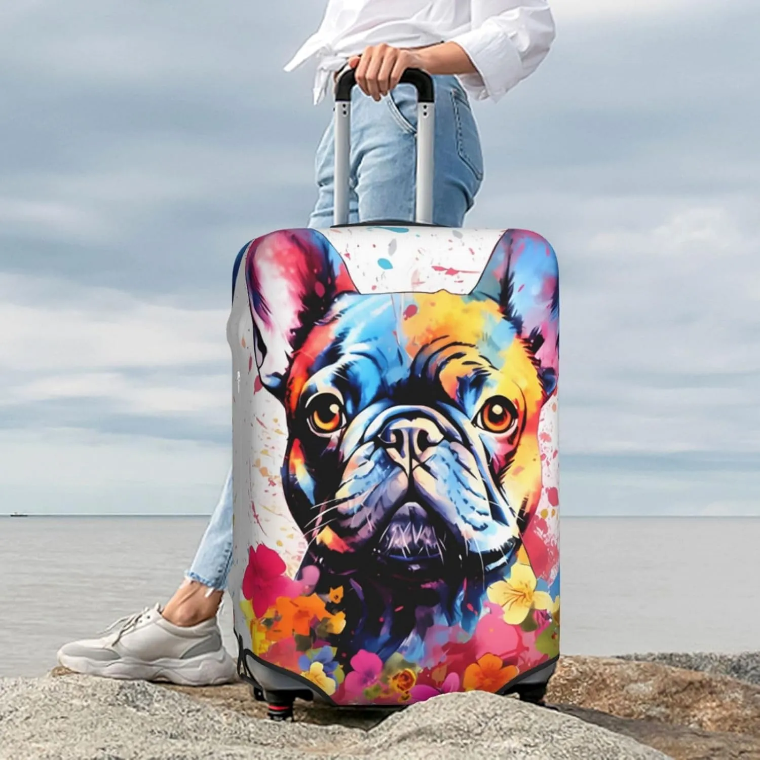 Travel Luggage Cover Bulldog French Watercolor Anti-Scratch Washable Suitcase Protector Elastic Suitcases Stylish Baggage Cover Wheeled Suitcase Kids Adults Keep Clean Large