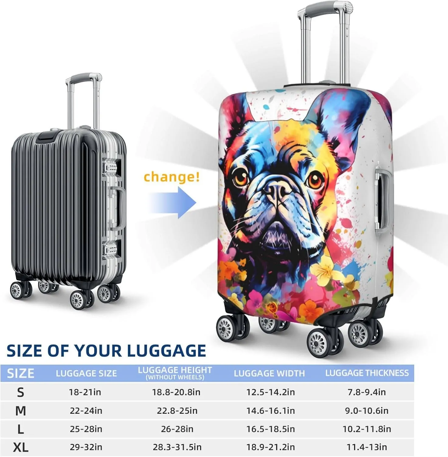 Travel Luggage Cover Bulldog French Watercolor Anti-Scratch Washable Suitcase Protector Elastic Suitcases Stylish Baggage Cover Wheeled Suitcase Kids Adults Keep Clean Large