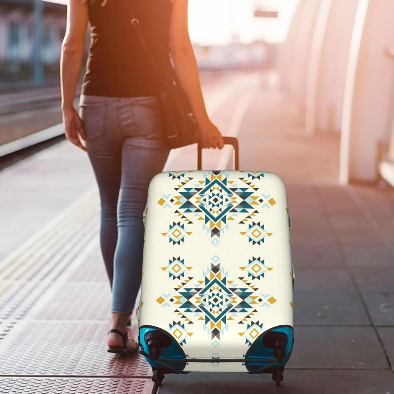 Travel Luggage Cover Fits 18-32 Inch Luggage, Aztec American Indian Ethnic Ancient Suitcase Cover Elastic Washable Wheeled Luggage Protector for Kid and Adult