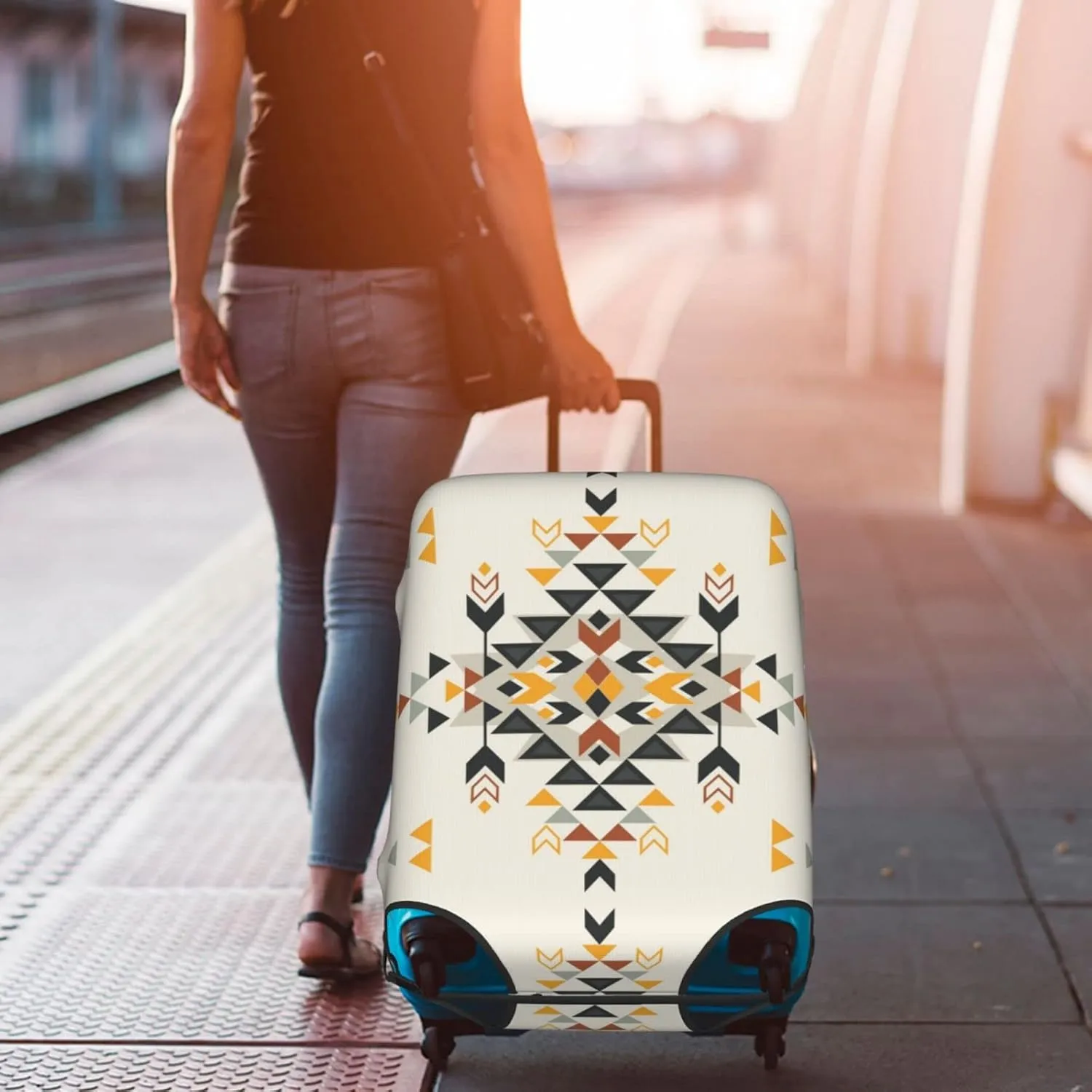 Travel Luggage Cover Fits 18-32 Inch Luggage, Aztec Ethnic Geometric Suitcase Cover Elastic Washable Wheeled Luggage Protector for Kid and Adult