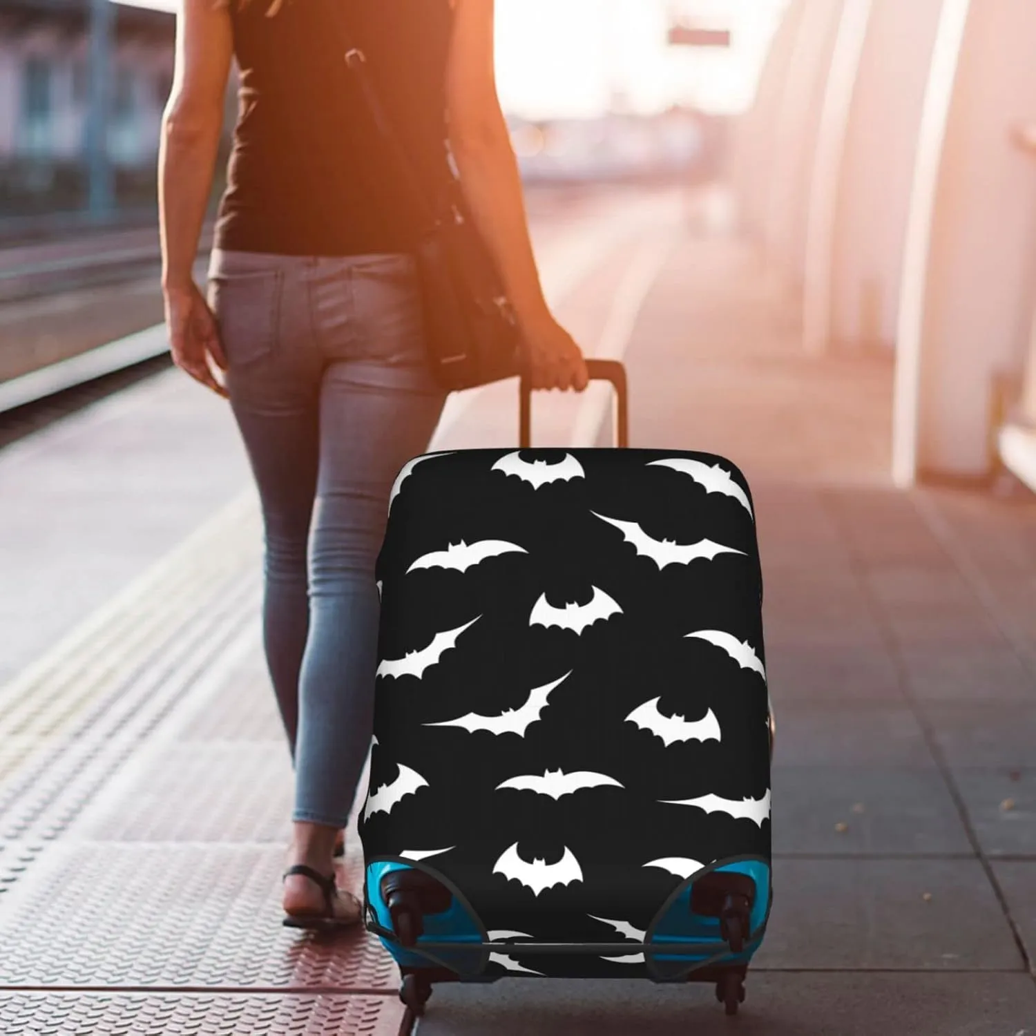 Travel Luggage Cover Fits 18-32 Inch Luggage, Bats Black White Suitcase Cover Elastic Washable Wheeled Luggage Protector for Kid and Adult