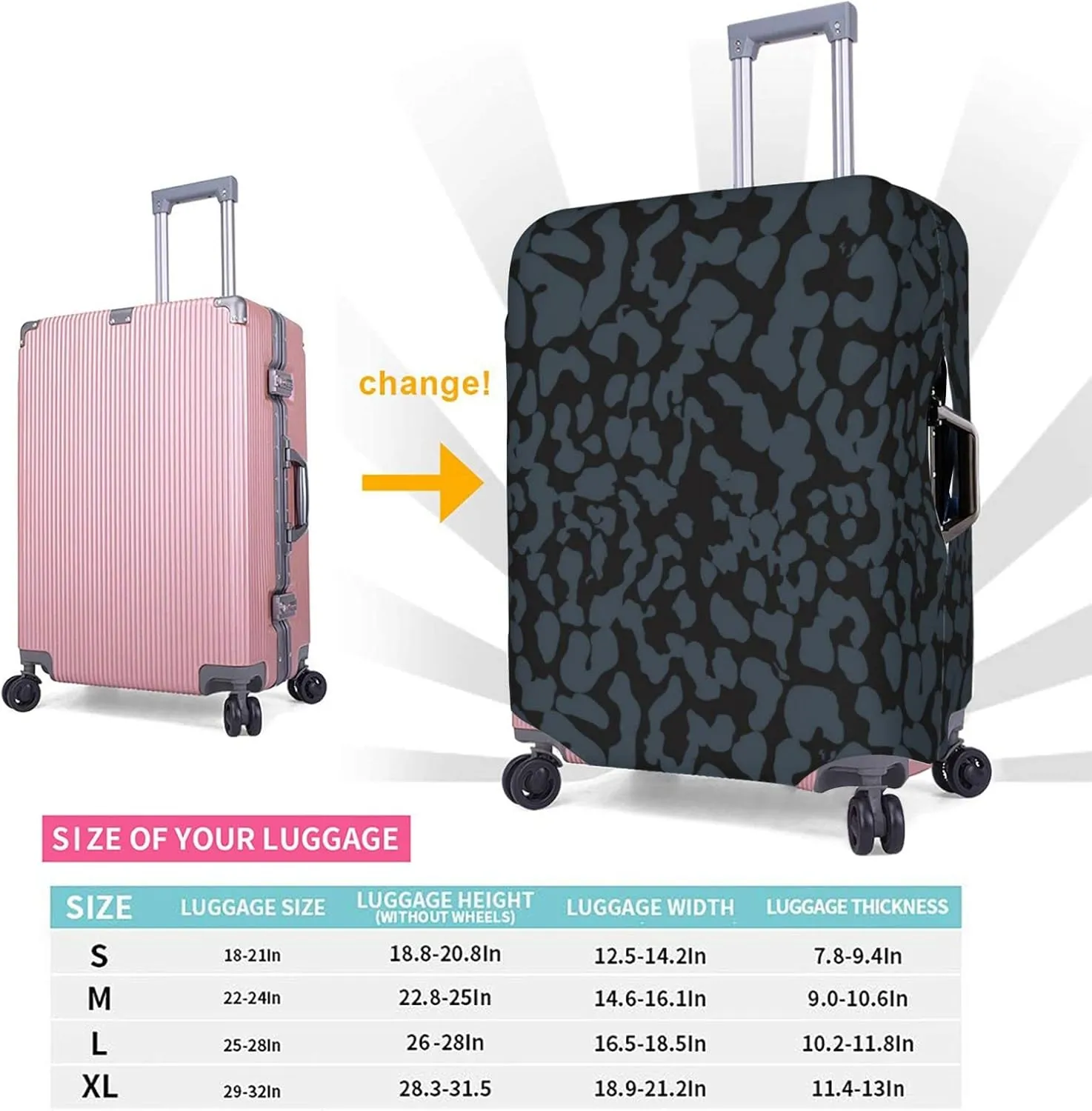 Travel Luggage Cover Fits 18-32 Inch Luggage, Black Leopard Print Camo Travel Suitcase Cover Elastic Washable Wheeled Luggage Protector for Kid and Adult