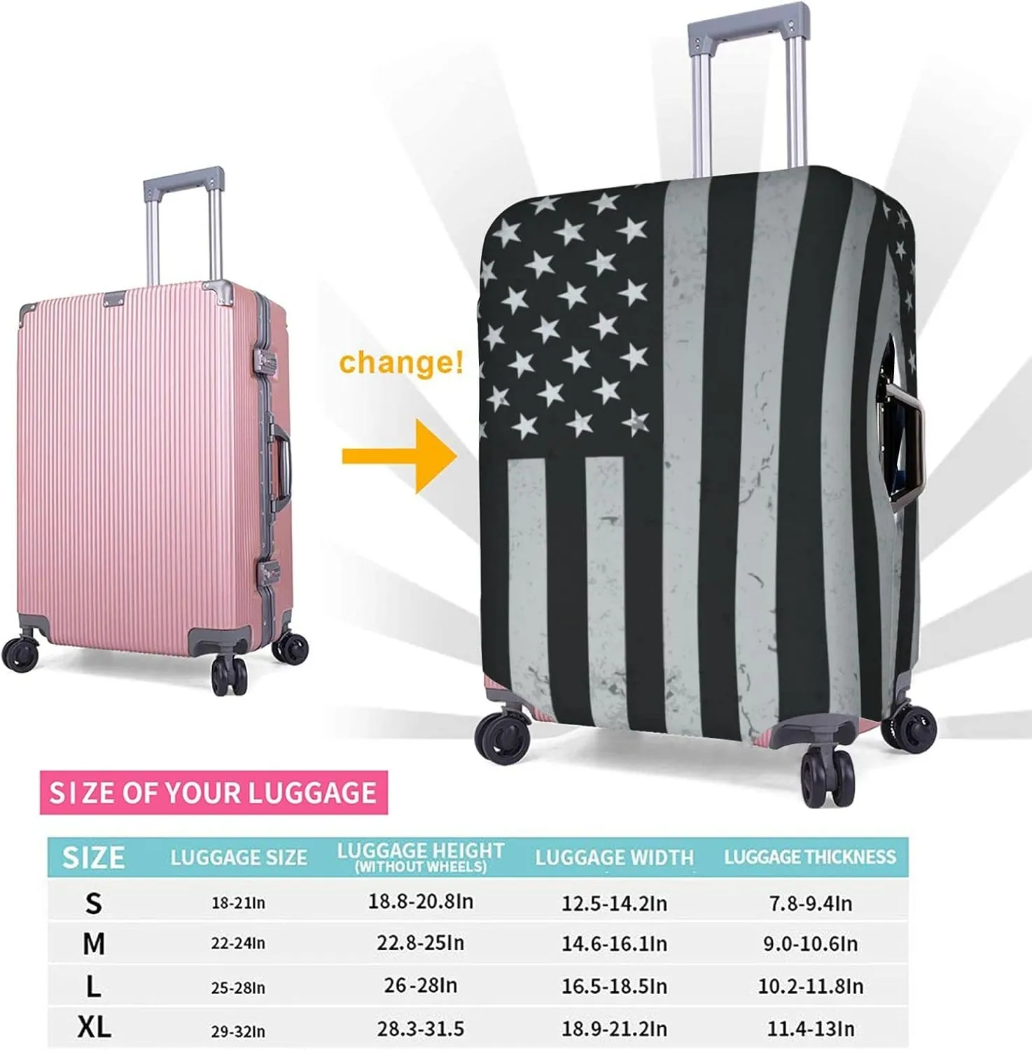Travel Luggage Cover Fits 18-32 Inch Luggage, Black USA Flag American Travel Suitcase Cover Elastic Washable Wheeled Luggage Protector for Kid and Adult