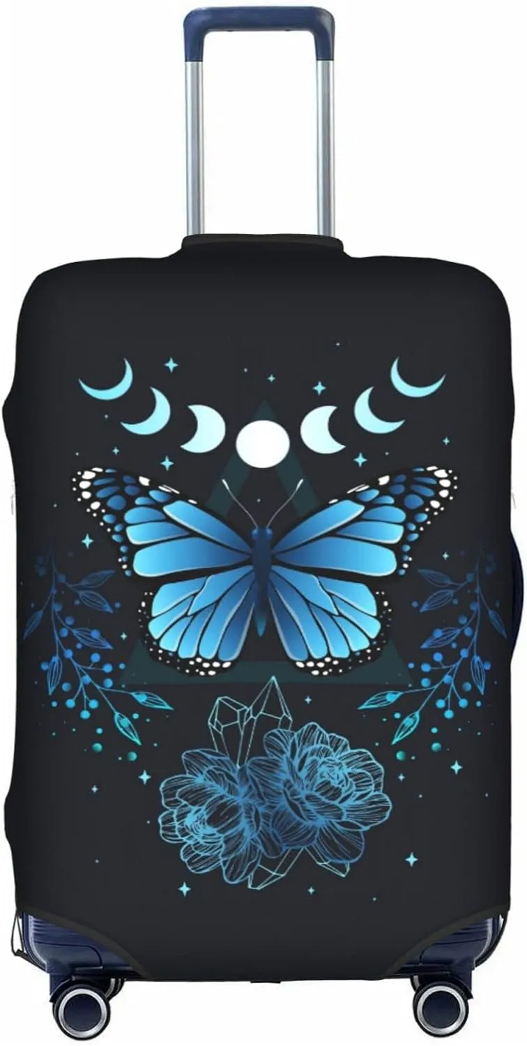 Travel Luggage Cover Fits 18-32 Inch Luggage, Blue Butterfly Flower Moon Suitcase Cover Elastic Washable Wheeled Luggage Protector for Kid and Adult