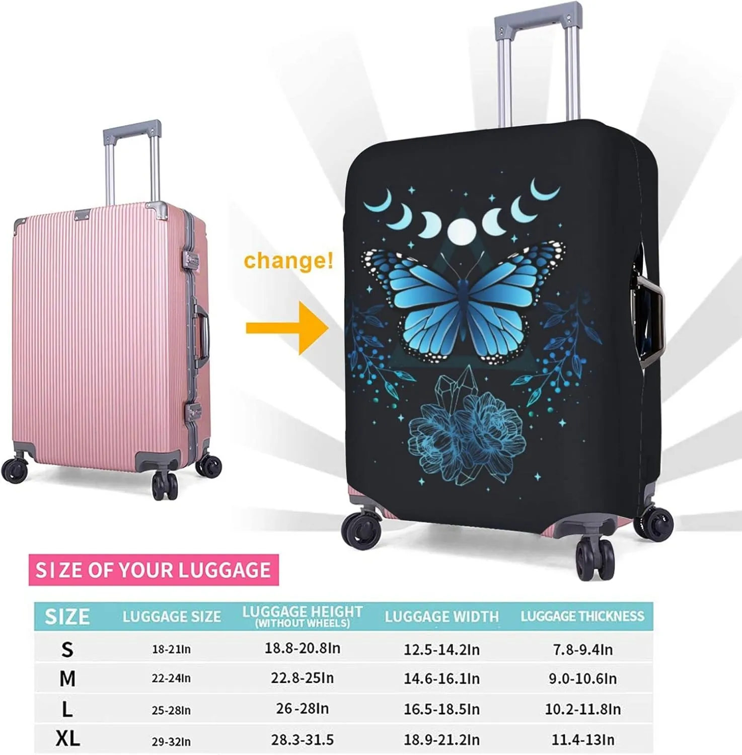 Travel Luggage Cover Fits 18-32 Inch Luggage, Blue Butterfly Flower Moon Suitcase Cover Elastic Washable Wheeled Luggage Protector for Kid and Adult