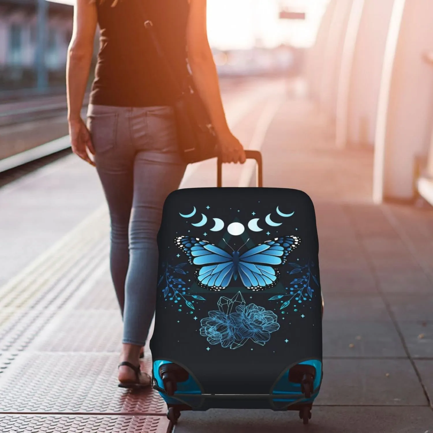 Travel Luggage Cover Fits 18-32 Inch Luggage, Blue Butterfly Flower Moon Suitcase Cover Elastic Washable Wheeled Luggage Protector for Kid and Adult