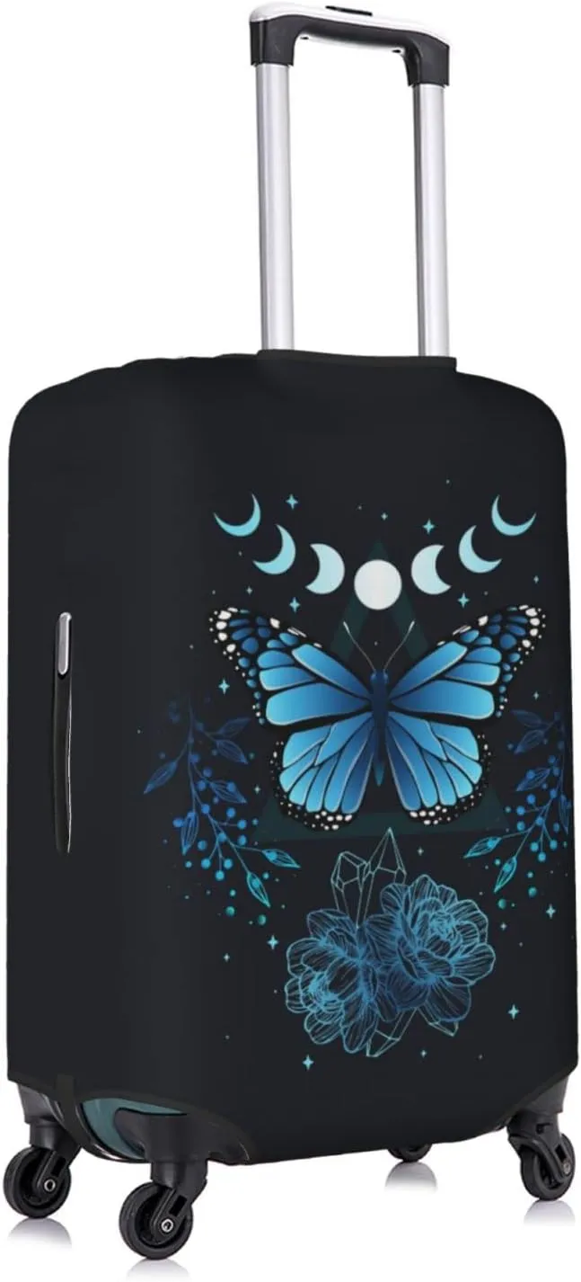Travel Luggage Cover Fits 18-32 Inch Luggage, Blue Butterfly Flower Moon Suitcase Cover Elastic Washable Wheeled Luggage Protector for Kid and Adult
