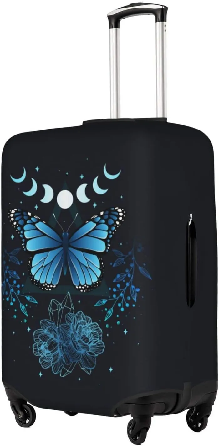 Travel Luggage Cover Fits 18-32 Inch Luggage, Blue Butterfly Flower Moon Suitcase Cover Elastic Washable Wheeled Luggage Protector for Kid and Adult
