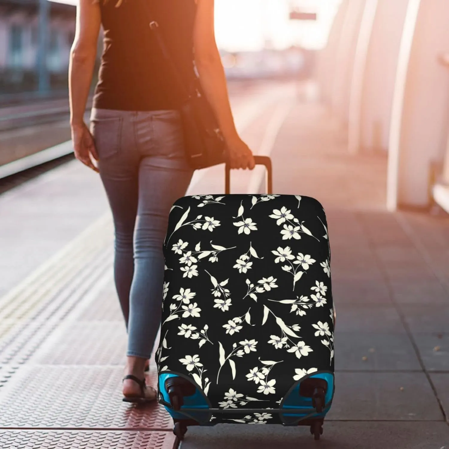 Travel Luggage Cover Fits 18-32 Inch Luggage, Bright Yellow Black Floral Suitcase Cover Elastic Washable Wheeled Luggage Protector for Kid and Adult