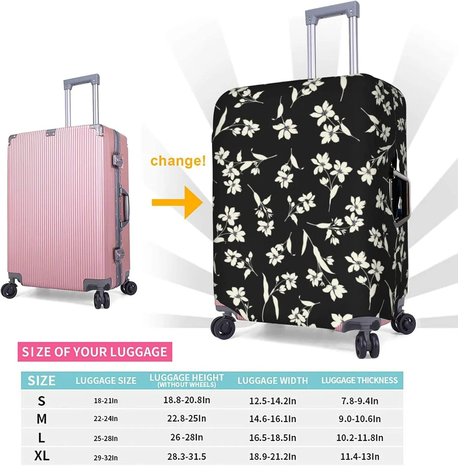 Travel Luggage Cover Fits 18-32 Inch Luggage, Bright Yellow Black Floral Suitcase Cover Elastic Washable Wheeled Luggage Protector for Kid and Adult