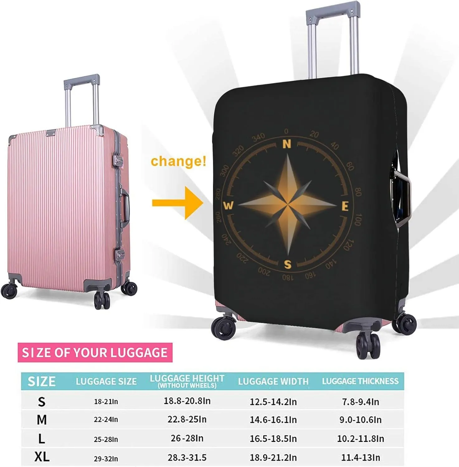 Travel Luggage Cover Fits 18-32 Inch Luggage, Compass Wind Rose Suitcase Cover Elastic Washable Wheeled Luggage Protector for Kid and Adult