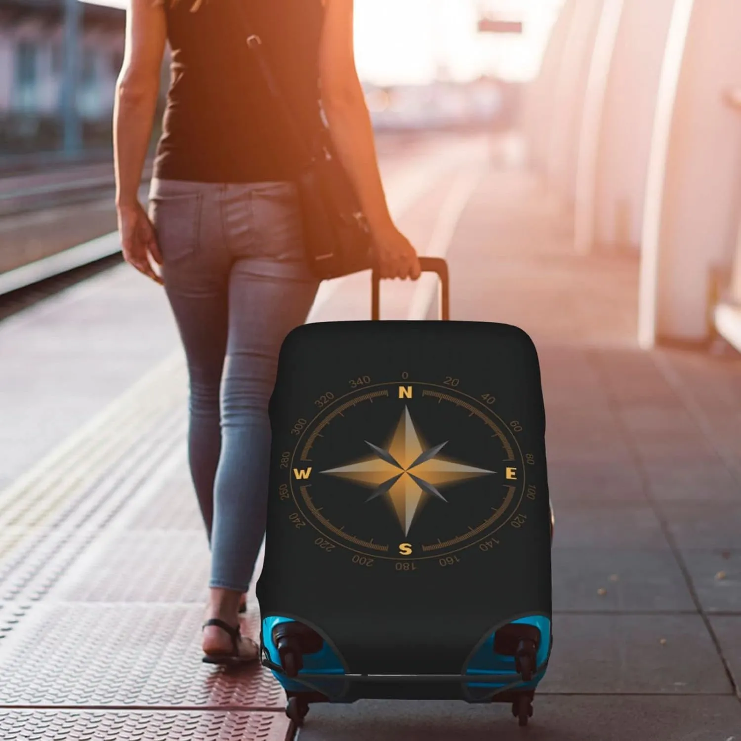 Travel Luggage Cover Fits 18-32 Inch Luggage, Compass Wind Rose Suitcase Cover Elastic Washable Wheeled Luggage Protector for Kid and Adult