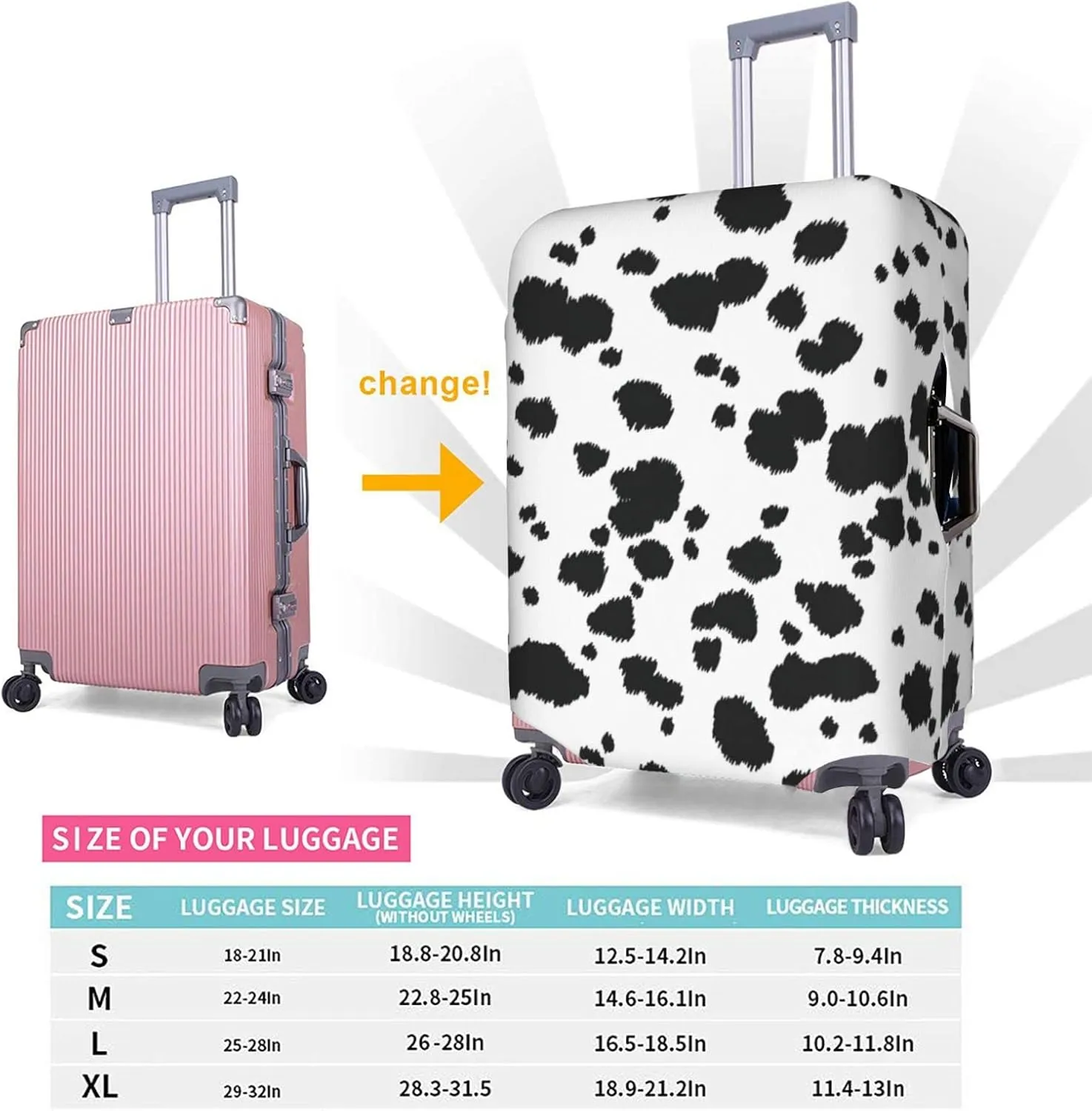Travel Luggage Cover Fits 18-32 Inch Luggage, Cow Skin Animal Farm Print Travel Suitcase Cover Elastic Washable Wheeled Luggage Protector for Kid and Adult