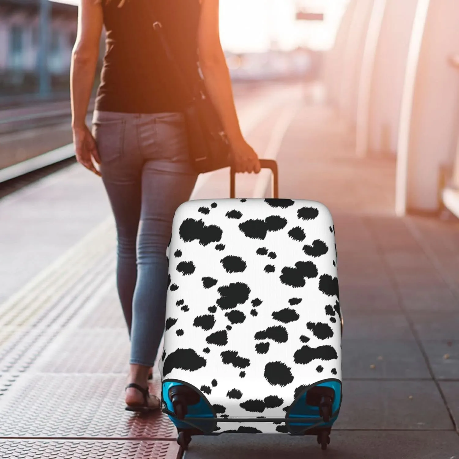 Travel Luggage Cover Fits 18-32 Inch Luggage, Cow Skin Animal Farm Print Travel Suitcase Cover Elastic Washable Wheeled Luggage Protector for Kid and Adult